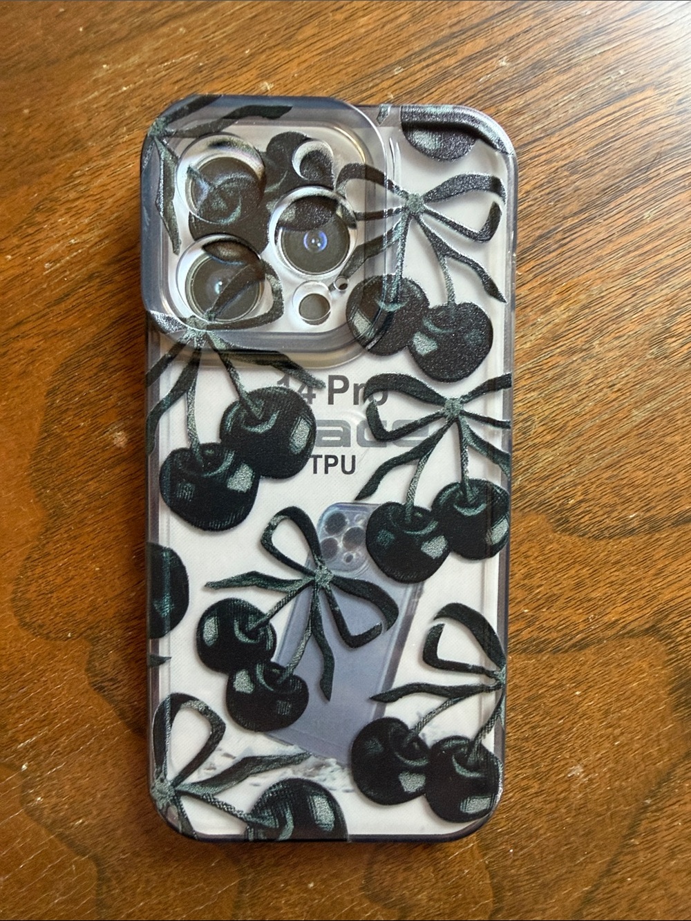 Clear Phone Case with Black Cherry Pattern - Fits iPhone 14 Pro